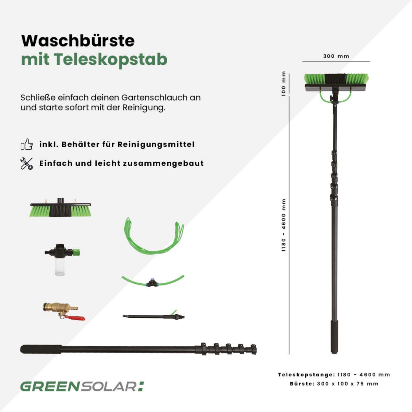Solarmodul-Waschbürste mit Teleskopstab 4,6m