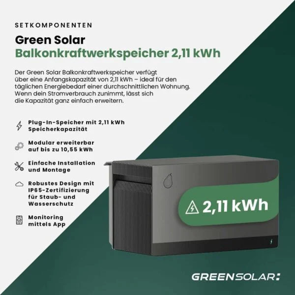 Balkonkraftwerk Basic 1000/800 black bifazial mit Balkonkraftwerkspeicher 2,11 kWh